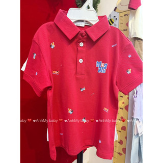 (25 - 45kg) ÁO THUN POLO TRẮNG VÀNG HỌA TIẾT CÚN NĂNG ĐỘNG CHO BÉ TRAI | AnhMy Baby