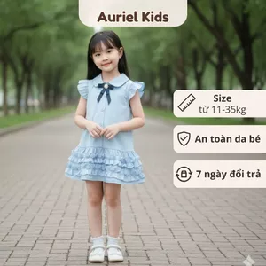 Váy Bé Gái Xanh Da Trời Ngắn Tay Đính Nơ Đen, Đầm Xòe Tầng Bèo Cotton, Chất Liệu Mềm Mịn