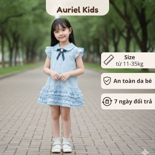 Váy Bé Gái Xanh Da Trời Ngắn Tay Đính Nơ Đen, Đầm Xòe Tầng Bèo Cotton, Chất Liệu Mềm Mịn