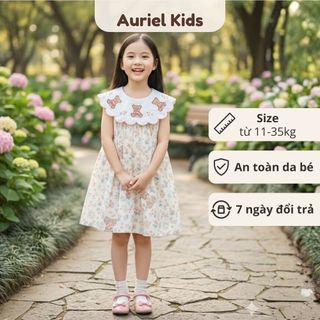 Váy Bé Gái Cổ Bèo Thêu Gấu Teddy Họa Tiết Hoa Dễ Thương, Đầm Cotton Form Xòe Mềm Mại Mùa Hè