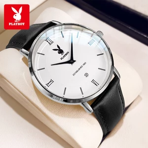 PLAYBOY Đồng hồ Nam Dây da Mảnh khảnh nhập khẩu thạch anh chính hãng lịch chức năng chống nước 2601
