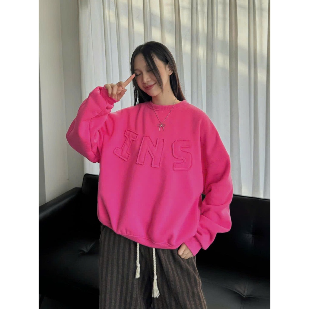 Áo khoác nỉ áo sweater cổ tròn thêu nổi chữ INS vải nỉ bông ấm áp nhiều màu sắc form rộng nam nữ