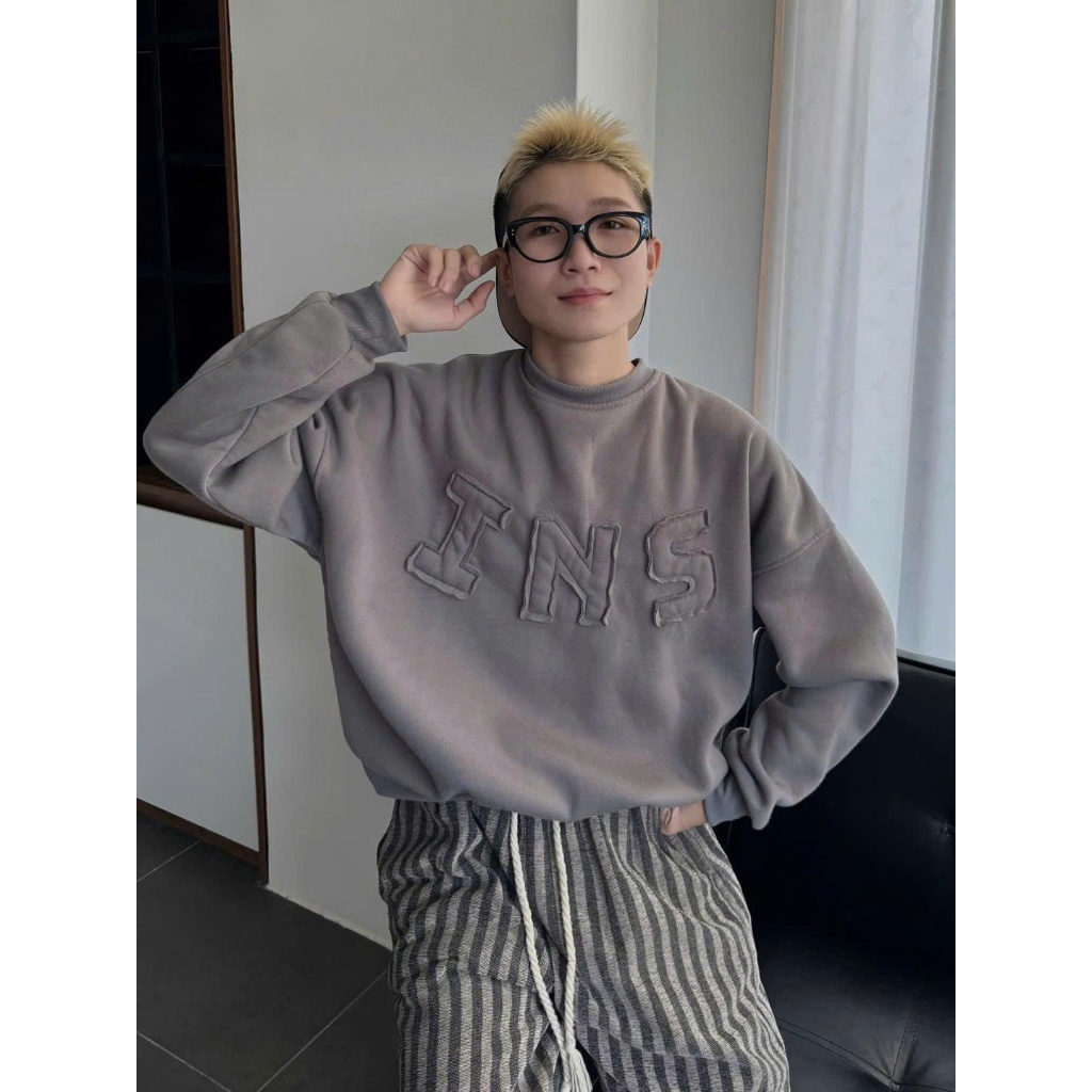 Áo khoác nỉ áo sweater cổ tròn thêu nổi chữ INS vải nỉ bông ấm áp nhiều màu sắc form rộng nam nữ