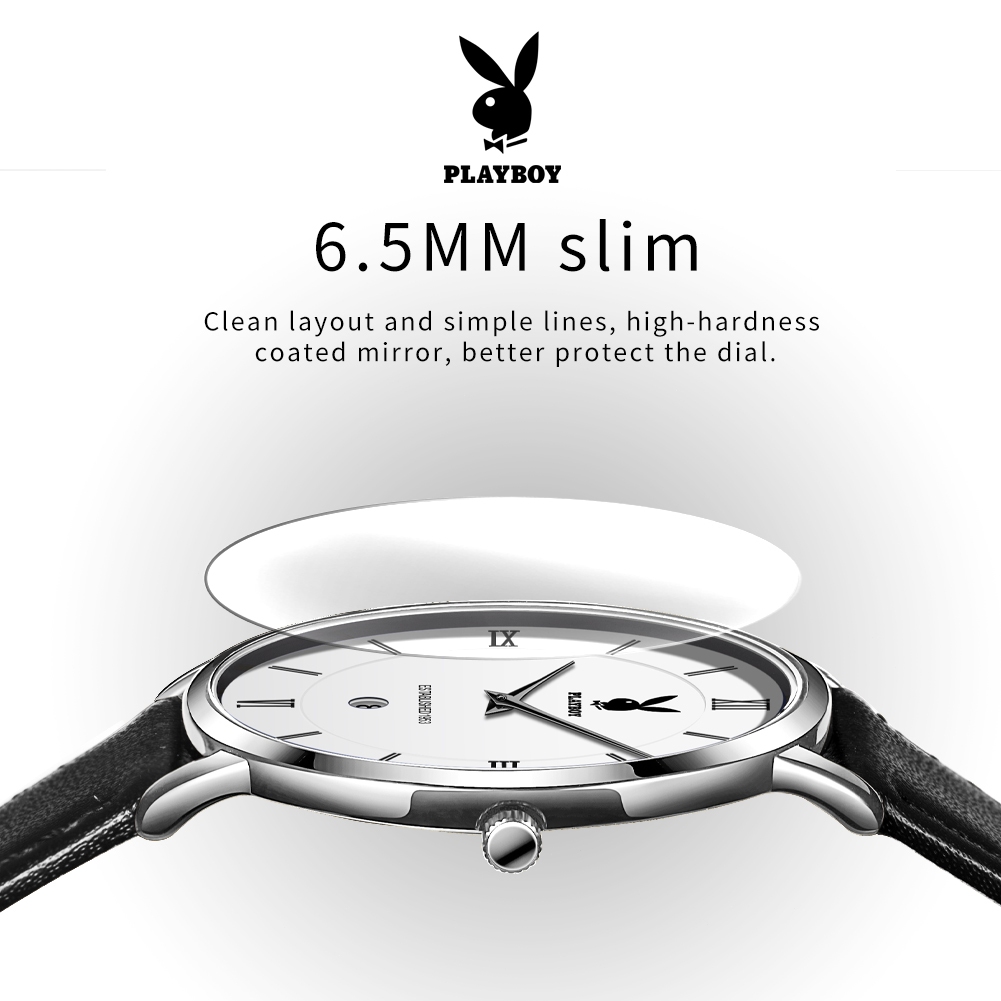 PLAYBOY Đồng hồ Nam Dây da Mảnh khảnh nhập khẩu thạch anh chính hãng lịch chức năng chống nước 2601
