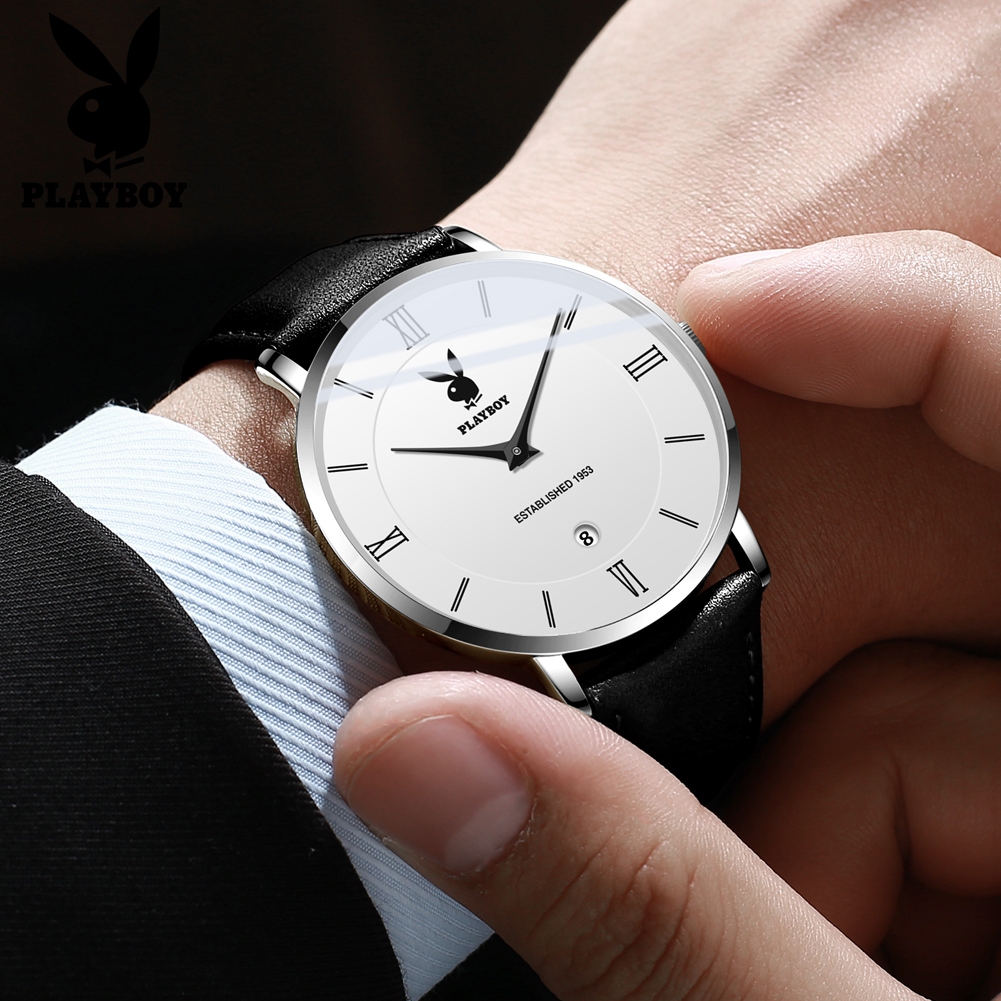 PLAYBOY Đồng hồ Nam Dây da Mảnh khảnh nhập khẩu thạch anh chính hãng lịch chức năng chống nước 2601