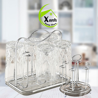 Khay Inox Úp Cốc 6 Ngăn Mạ Vàng, Bạc Sang Trọng GD245 - Giá Úp Cốc Inox Bọc Nhựa Có Quai Xách Tay GD246