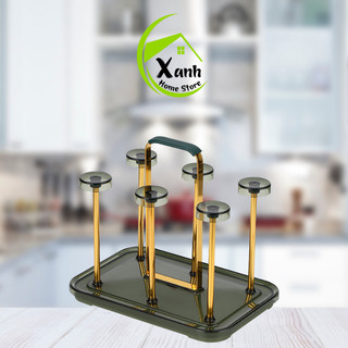Khay Inox Úp Cốc 6 Ngăn Mạ Vàng, Bạc Sang Trọng GD245 - Giá Úp Cốc Inox Bọc Nhựa Có Quai Xách Tay GD246