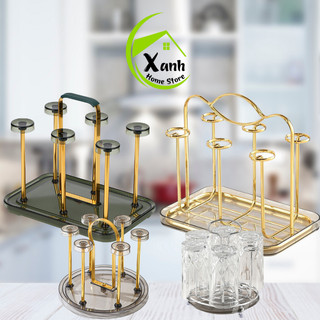 Khay Inox Úp Cốc 6 Ngăn Mạ Vàng, Bạc Sang Trọng GD245 - Giá Úp Cốc Inox Bọc Nhựa Có Quai Xách Tay GD246