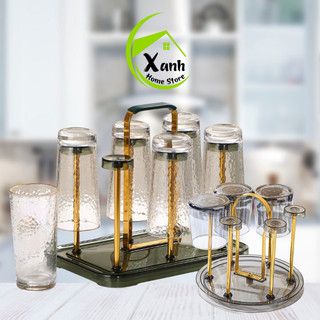 Khay Inox Úp Cốc 6 Ngăn Mạ Vàng, Bạc Sang Trọng GD245 - Giá Úp Cốc Inox Bọc Nhựa Có Quai Xách Tay GD246