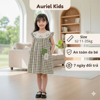 Váy Bé Gái Caro Cổ Bèo Thêu Thỏ Dễ Thương, Chất Cotton Thoáng Mát Mùa Hè
