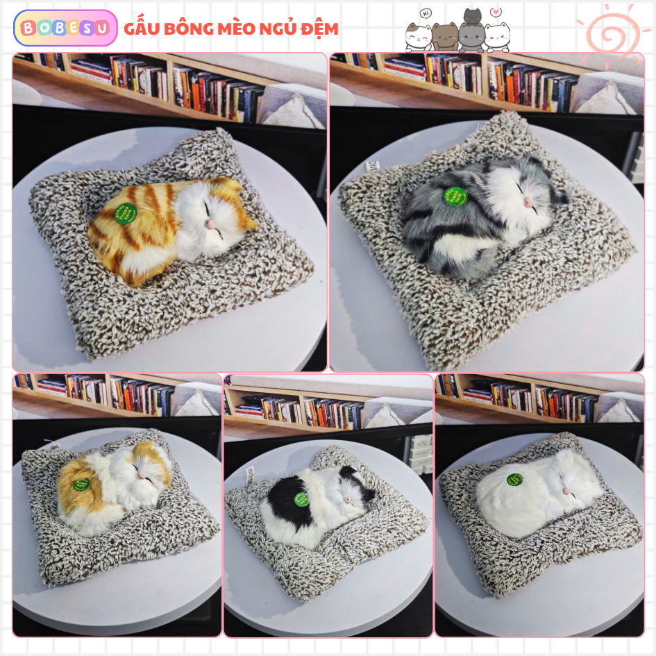 Gấu Bông Mèo Nằm Ngủ Trên Thảm Có Tiếng Kêu Làm Đồ Trang Trí, Đồ Chơi Cho Bé Kích Thước 15Cm