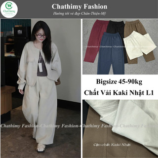 BIGSIZE 42-90kg, Quần baggy nữ Cạp Chun chất Kaki Nhật L1, Quần ống rộng thời trang Chathimy ( 3866 )