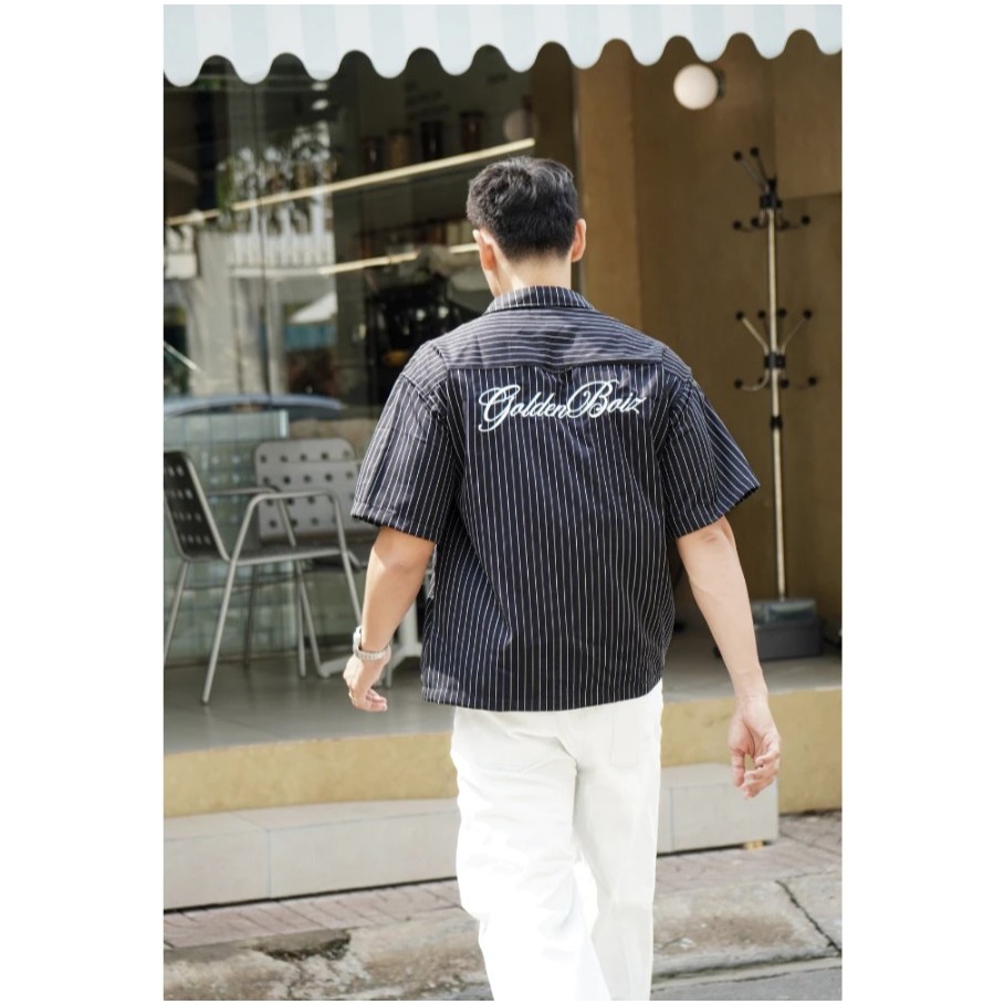 Áo Sơ Mi Tay Ngắn Form Boxy Kẻ Sọc Boizclub thêu chữ phong cách hàn quốc, năng động , streetwear