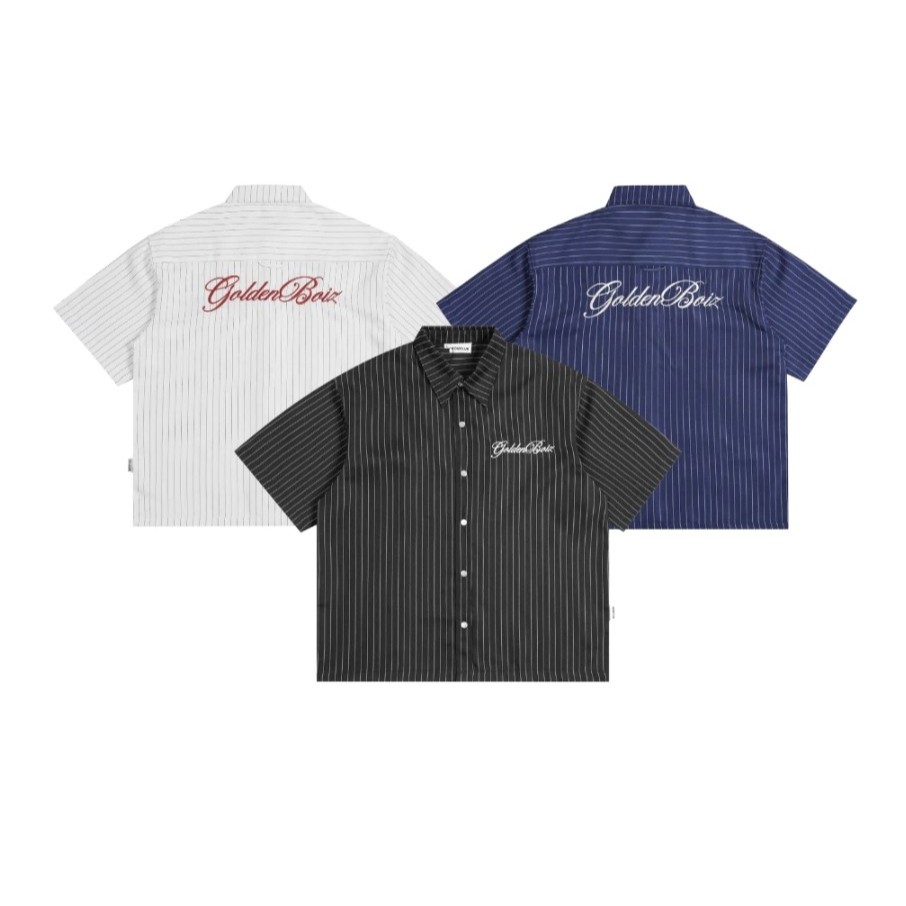 Áo Sơ Mi Tay Ngắn Form Boxy Kẻ Sọc Boizclub thêu chữ phong cách hàn quốc, năng động , streetwear