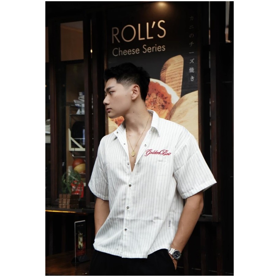 Áo Sơ Mi Tay Ngắn Form Boxy Kẻ Sọc Boizclub thêu chữ phong cách hàn quốc, năng động , streetwear