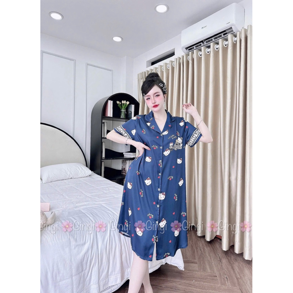 (size 45/65kg)Đầm sơ mi phom dáng dài qua gối,lụa latin mềm nhẹ mát,hoạ tiết xinh