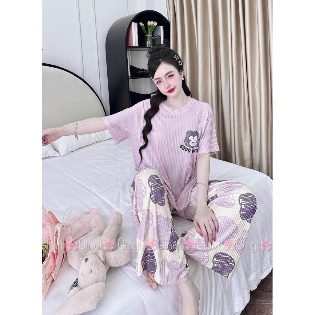 [ Size40-60kg TNQD1408242 ]Đồ nữ mặc nhà áo tay ngắn quần dài form cổ tròn hoạ tiết đáng yêu chất vải thun đũa lạnh