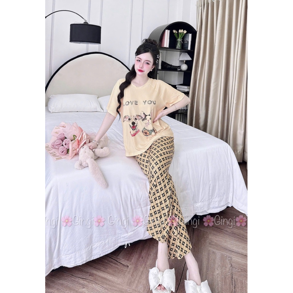 [ Size40-60kg TNQD1408242 ]Đồ nữ mặc nhà áo tay ngắn quần dài form cổ tròn hoạ tiết đáng yêu chất vải thun đũa lạnh