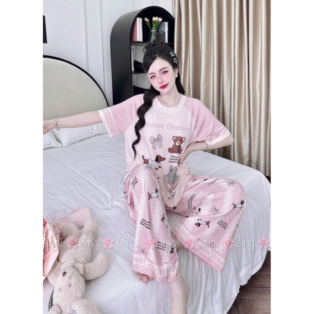 [ Size40-60kg TNQD1408242 ]Đồ nữ mặc nhà áo tay ngắn quần dài form cổ tròn hoạ tiết đáng yêu chất vải thun đũa lạnh