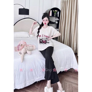 Đồ nữ mặc nhà áo tay ngắn quần dài form cổ tròn hoạ tiết đáng yêu chất vải thun đũa lạnh