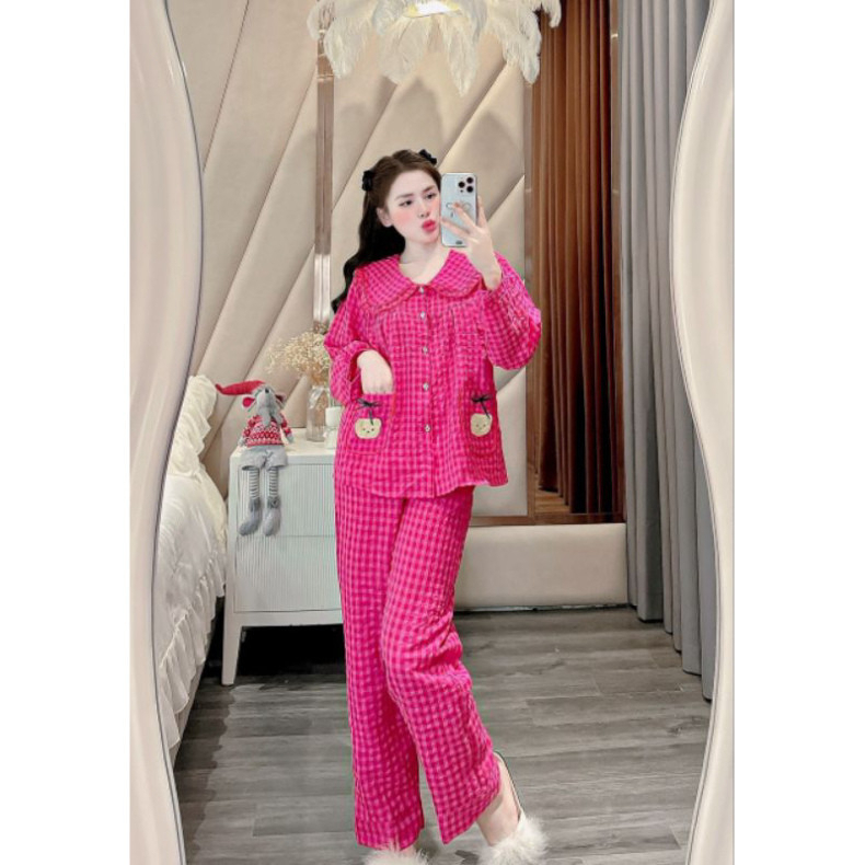 Bộ Ngủ Hè Nữ Kẻ Caro Cổ Sen 2 Túi Gấu Dày Tay, Bộ Pijama Chất Đũi Mềm Mát Dễ Thương Siêu Xinh