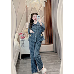 Bộ Ngủ Hè Nữ Kẻ Caro Cổ Sen 2 Túi Gấu Dày Tay, Bộ Pijama Chất Đũi Mềm Mát Dễ Thương Siêu Xinh