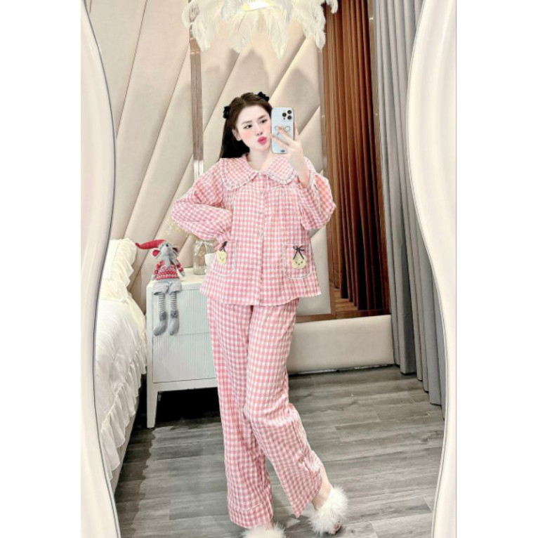 Bộ Ngủ Hè Nữ Kẻ Caro Cổ Sen 2 Túi Gấu Dày Tay, Bộ Pijama Chất Đũi Mềm Mát Dễ Thương Siêu Xinh