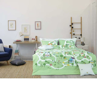 Drap Chăn ga Everon EPC 23048 màu ghi xanh ô tô trẻ em ga chun mỏng chun chần vải cotton