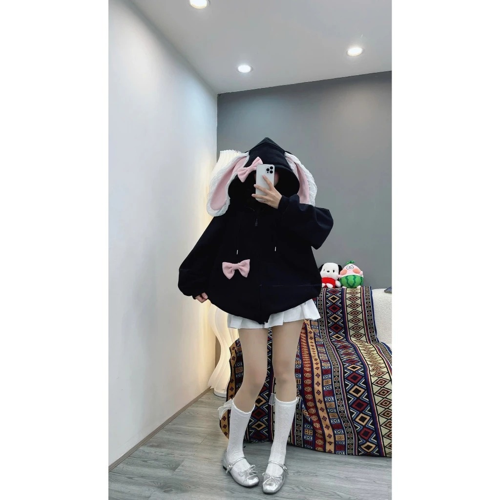 Áo khoác nỉ dễ thương thêu tai thỏ Ren hồng xinh xắn đáng yêu chất nỉ cotton siêu dày dặn
