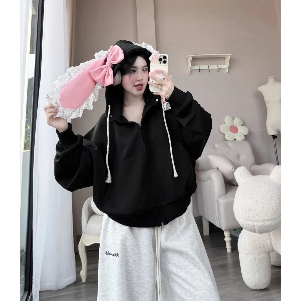 Áo khoác nỉ dễ thương thêu tai thỏ Ren hồng xinh xắn đáng yêu chất nỉ cotton siêu dày dặn