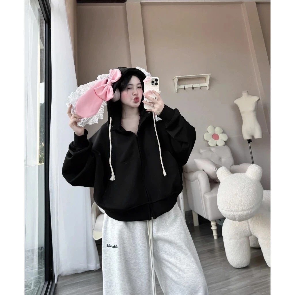 Áo khoác nỉ dễ thương thêu tai thỏ Ren hồng xinh xắn đáng yêu chất nỉ cotton siêu dày dặn