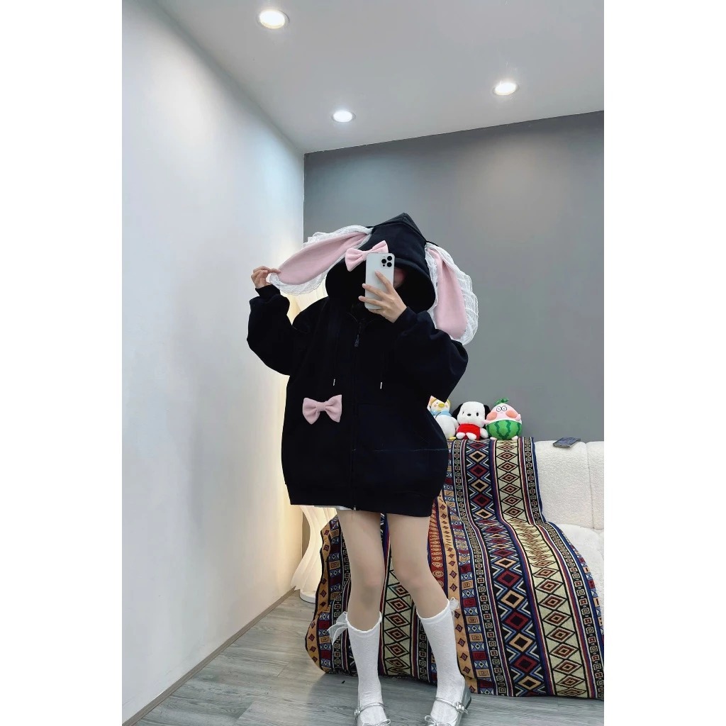 Áo khoác nỉ dễ thương thêu tai thỏ Ren hồng xinh xắn đáng yêu chất nỉ cotton siêu dày dặn