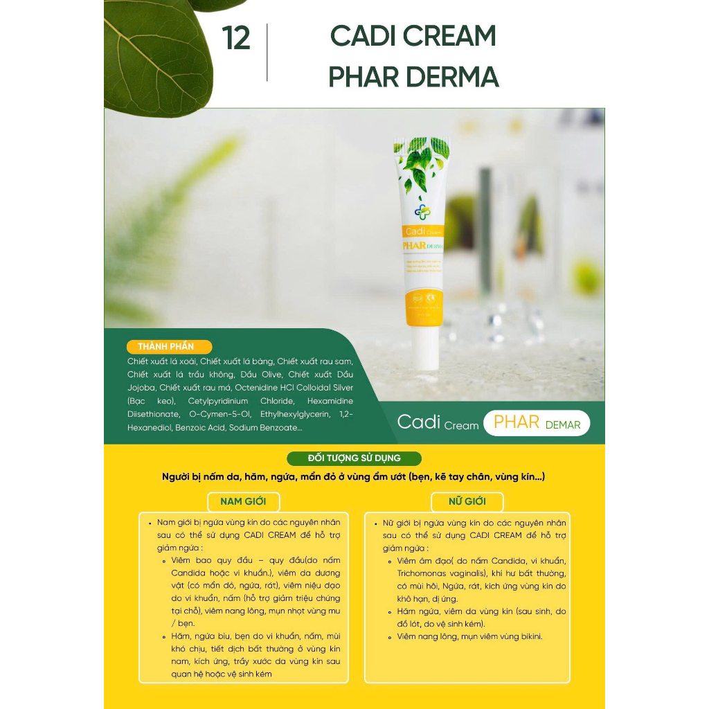 [CÓ CHE TÊN] Kem Bôi Phụ Khoa, Cadi Cream Phar Derma, hỗ trợ viêm do nấm Candida, viêm ngứa, khí hư