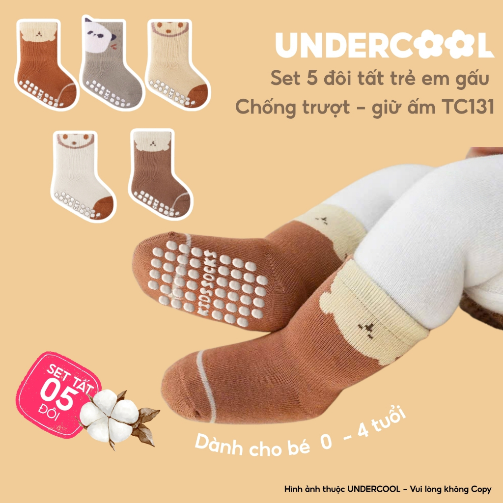 Set 5 Đôi Tất Sơ Sinh Chống Trượt UNDERCOOL Combo 5 vớ Cho Bé Trai Bé Trai - Gái 0-4 Tuổi Hình Gấu Giữ Ấm Cổ Ngắn TC131