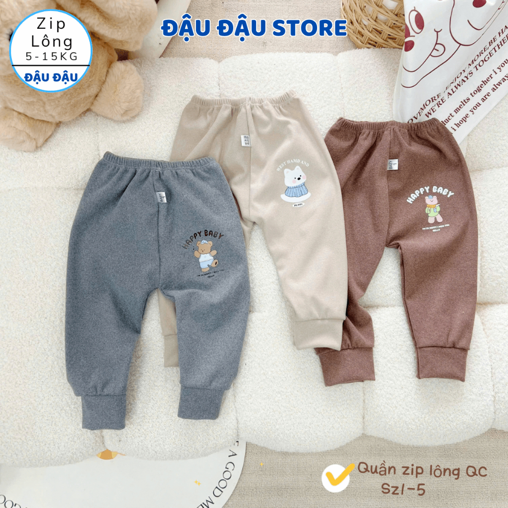 (Loại Đẹp) Set 3-5 Quần Zip Lông Thu Đông Cho Bé Sơ Sinh 5-15kg - Vải Zip Lông Phối Họa Tiết QZIL02 Đậu Đậu Store