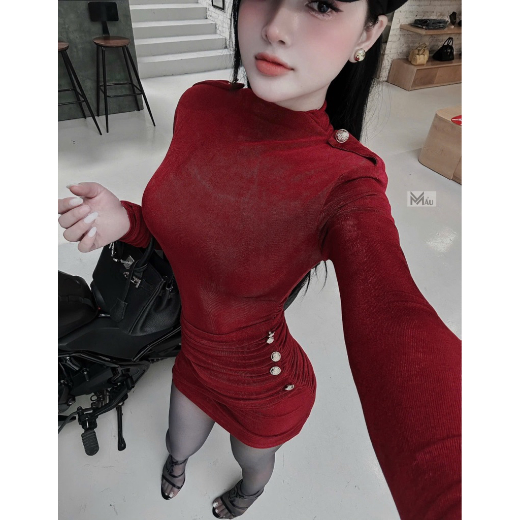 Đầm body dài tay phối cúc dạo phố siu tôn dáng