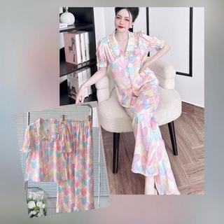 Đồ Bộ Pijama Nữ Tay Ngắn Phối Cổ Bèo Viền Bèo MiLi – Áo Tay Ngắn, Quần Dài Có Túi, Lụa Latin Cao Cấp