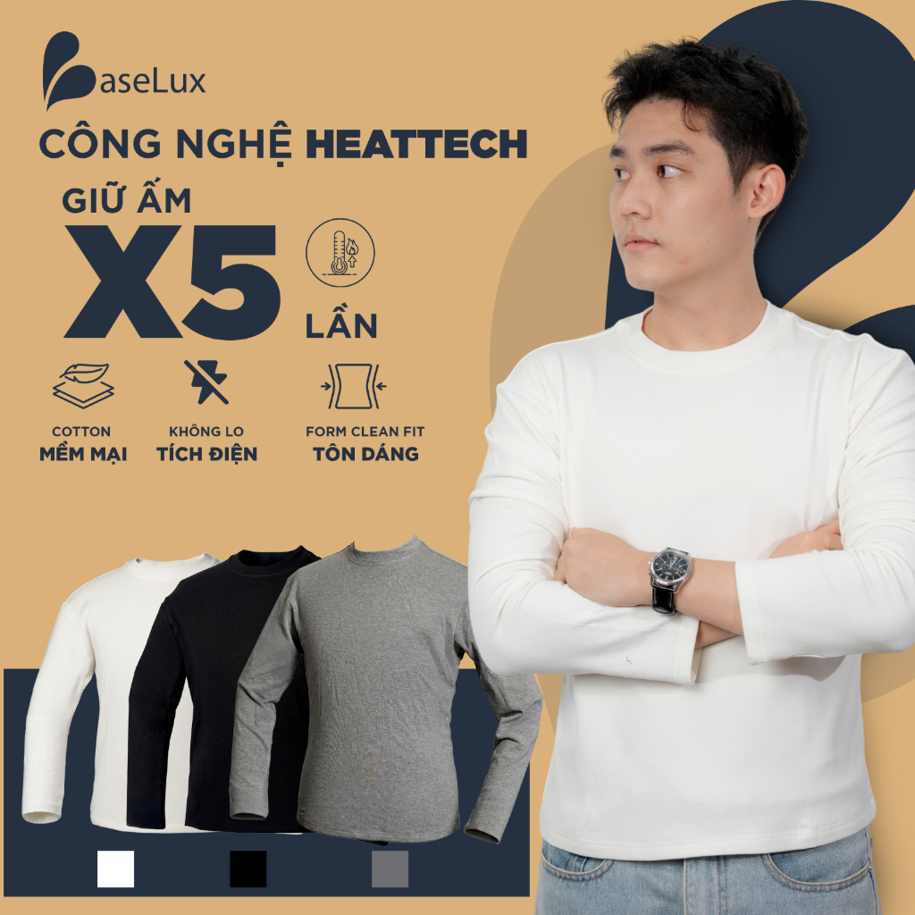 Áo thun tay dài Baselux áo giữ nhiệt công nghệ Heattech, Áo thun nam tay dài chất cotton mềm mịn, basic cao cấp