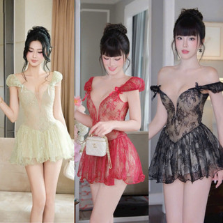 Đầm ren kim sa nữ đi tiệc ngực V xẻ sexy đính nơ điệu đà a01