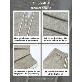 Set Len Dài Tay Nữ Len Lông Thỏ, Bộ Thu Đông Có Mũ Cúc Cổ Phối Viền Trắng Nhún Eo Mix Quần Suông Dài BigSize 336