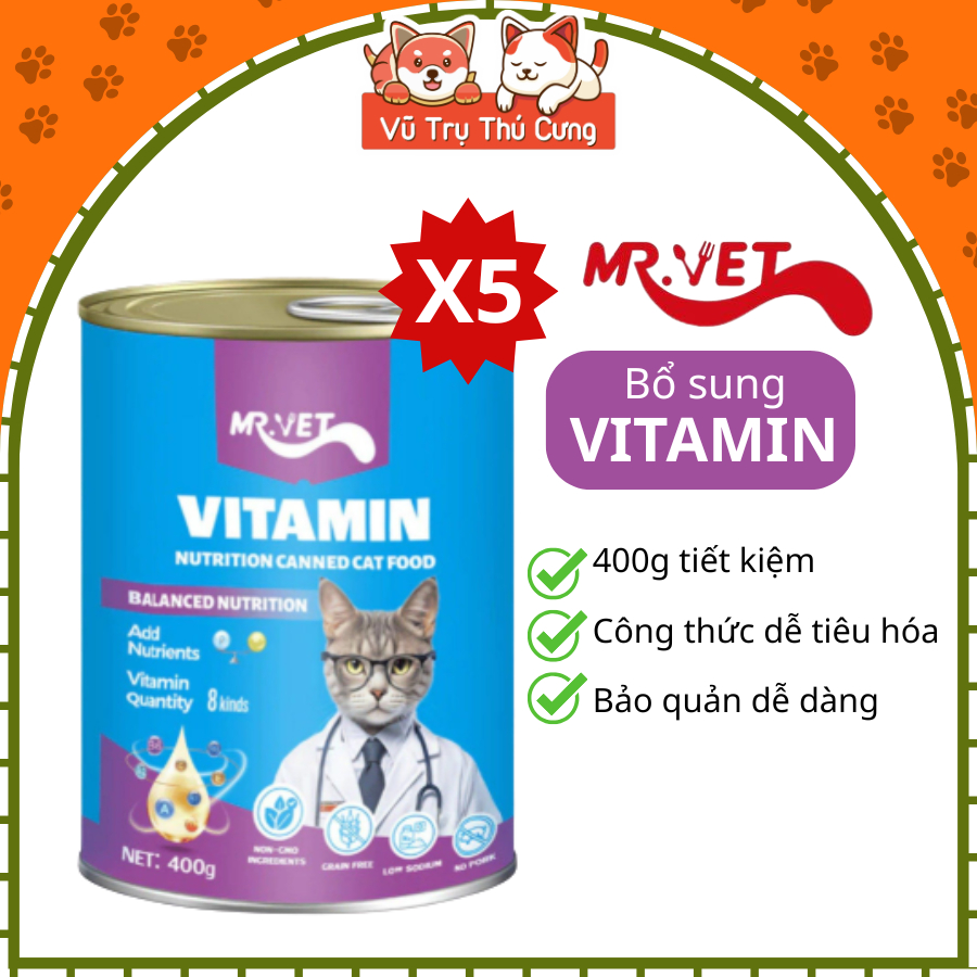 [COMBO 5 LON] Pate Mr.Vet Cho Mèo Dinh Dưỡng Giàu Đạm 400g
