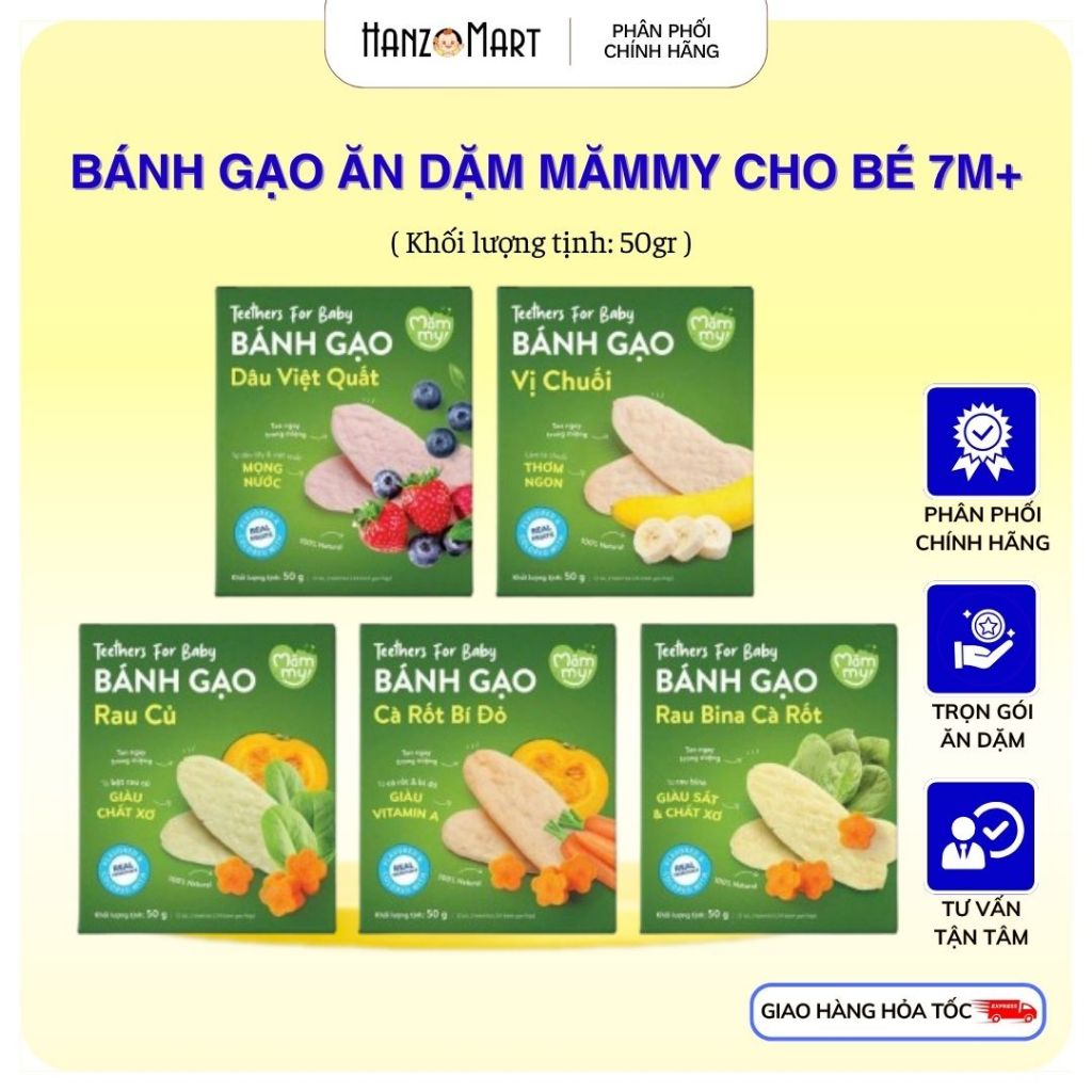 Bánh gạo ăn dặm rau củ Mămmy giúp bé tập nhau bổ sung dinh dưỡng, hỗ trợ tiêu hóa cho bé từ 7 tháng