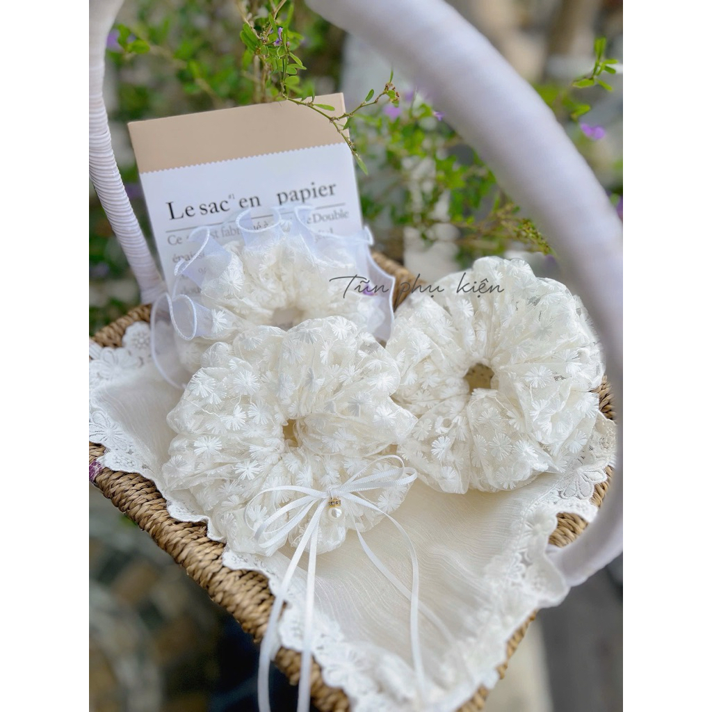 Cột scrunchies size 18cm - Mẫu ren thêu cao cấp - mẫu nhún phồng  bồng bềnh xinh xắn