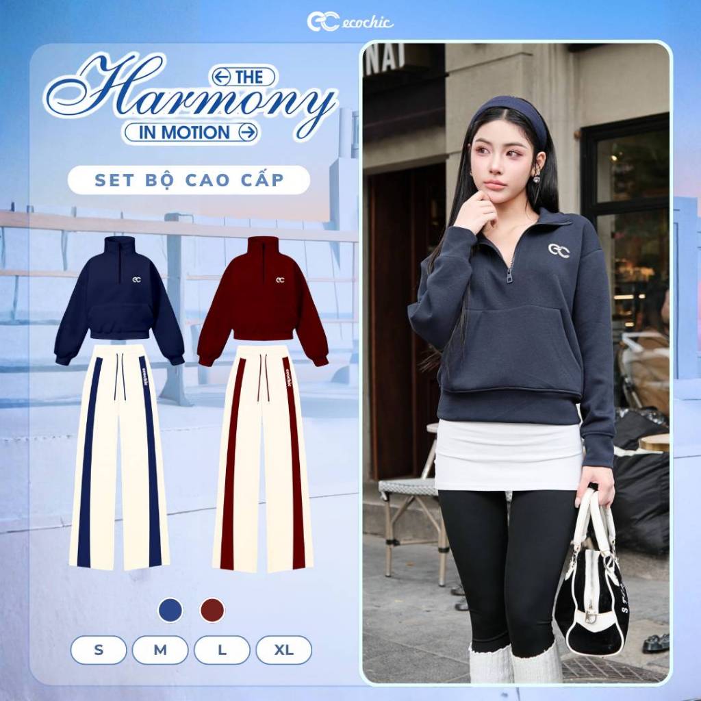 Set Bộ ECOCHIC Nỉ Mịn Khoá Halfzip Cổ Cao Quần Suông Basic Phối Viền Thể Thao Cao Cấp HNH B197