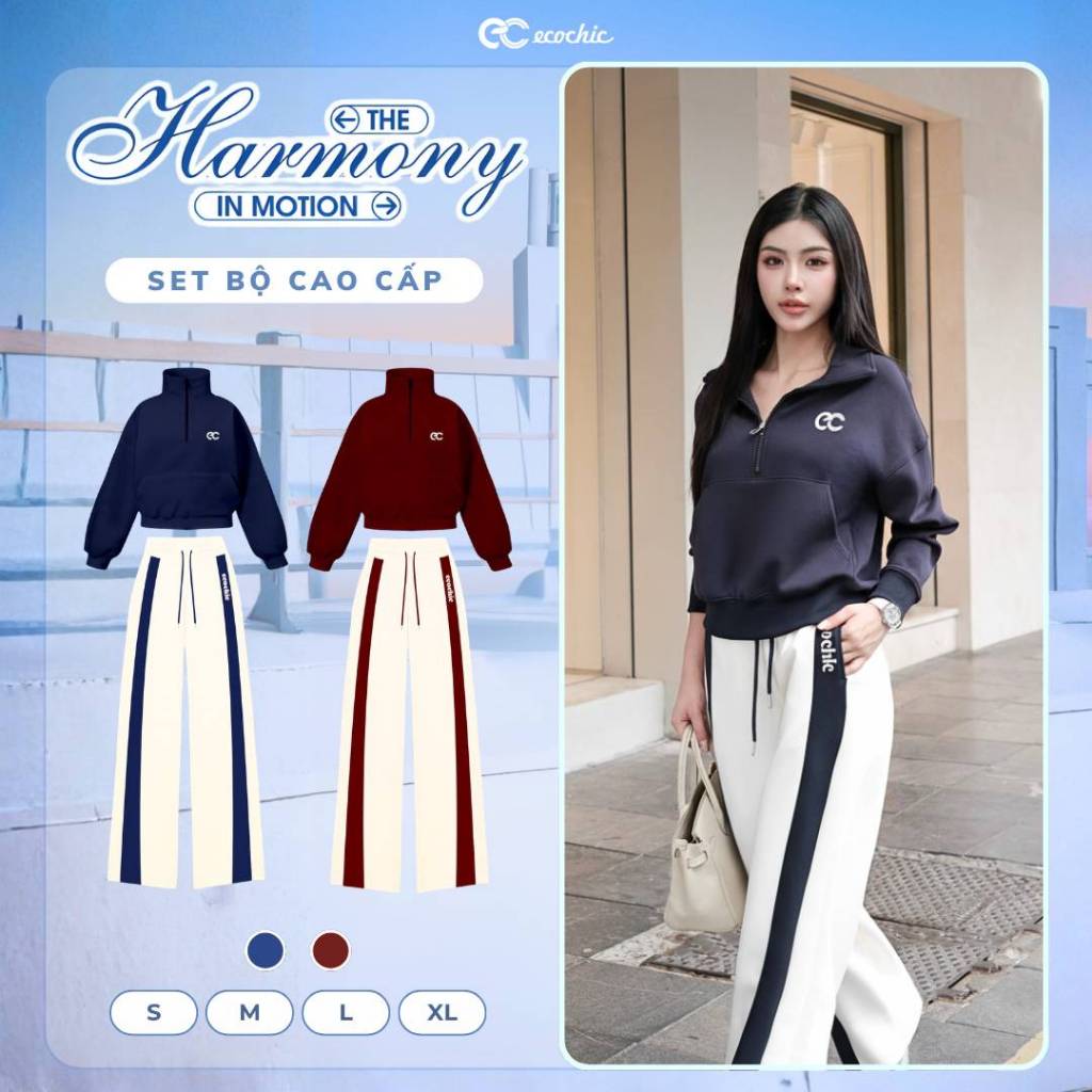 Set Bộ ECOCHIC Nỉ Mịn Khoá Halfzip Cổ Cao Quần Suông Basic Phối Viền Thể Thao Cao Cấp HNH B197