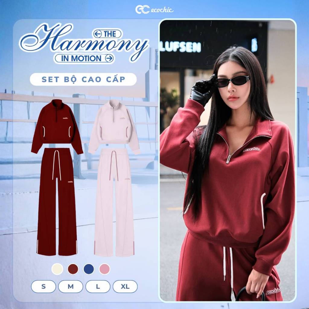 Set Bộ ECOCHIC Nỉ Mịn Cổ Khoá Halfzip Phối Viền Túi Quần Suông Chất Liệu Cao Cấp Chính Hãng HNH B198