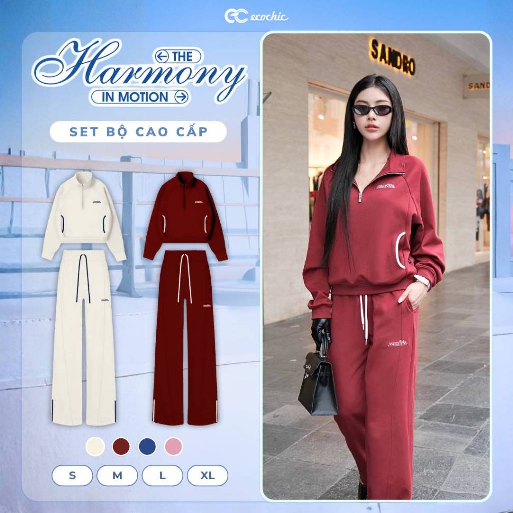 Set Bộ ECOCHIC Nỉ Mịn Cổ Khoá Halfzip Phối Viền Túi Quần Suông Chất Liệu Cao Cấp Chính Hãng HNH B198