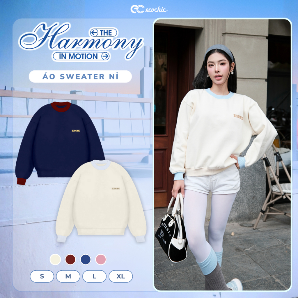 Áo Sweater Nỉ Bông ECOCHIC Cổ Tròn Basic Phối Tay Chất Liệu Cao Cấp Mềm Mịn Chính Hãng HNH B196