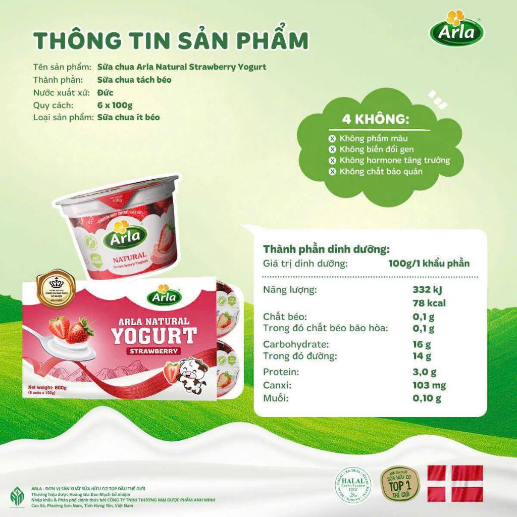 (Date Mới) Sữa chua nguội  Arla Natural Đan Mạch,  ít béo hương vị trái cây - cho bé từ 12 tháng