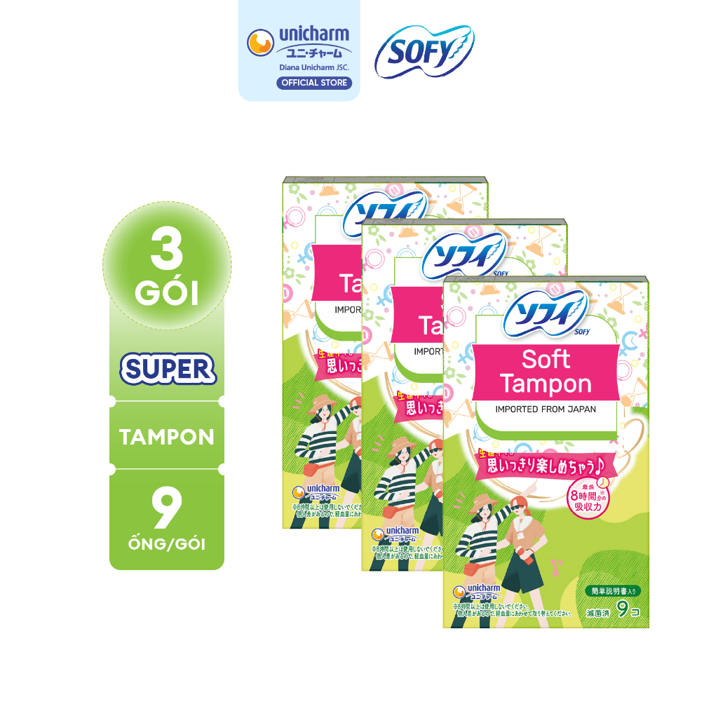 [Hàng nhập khẩu] Combo 3 Hộp Băng vệ sinh dạng ống siêu thấm Sofy Soft Tampon Super gói 9 miếng